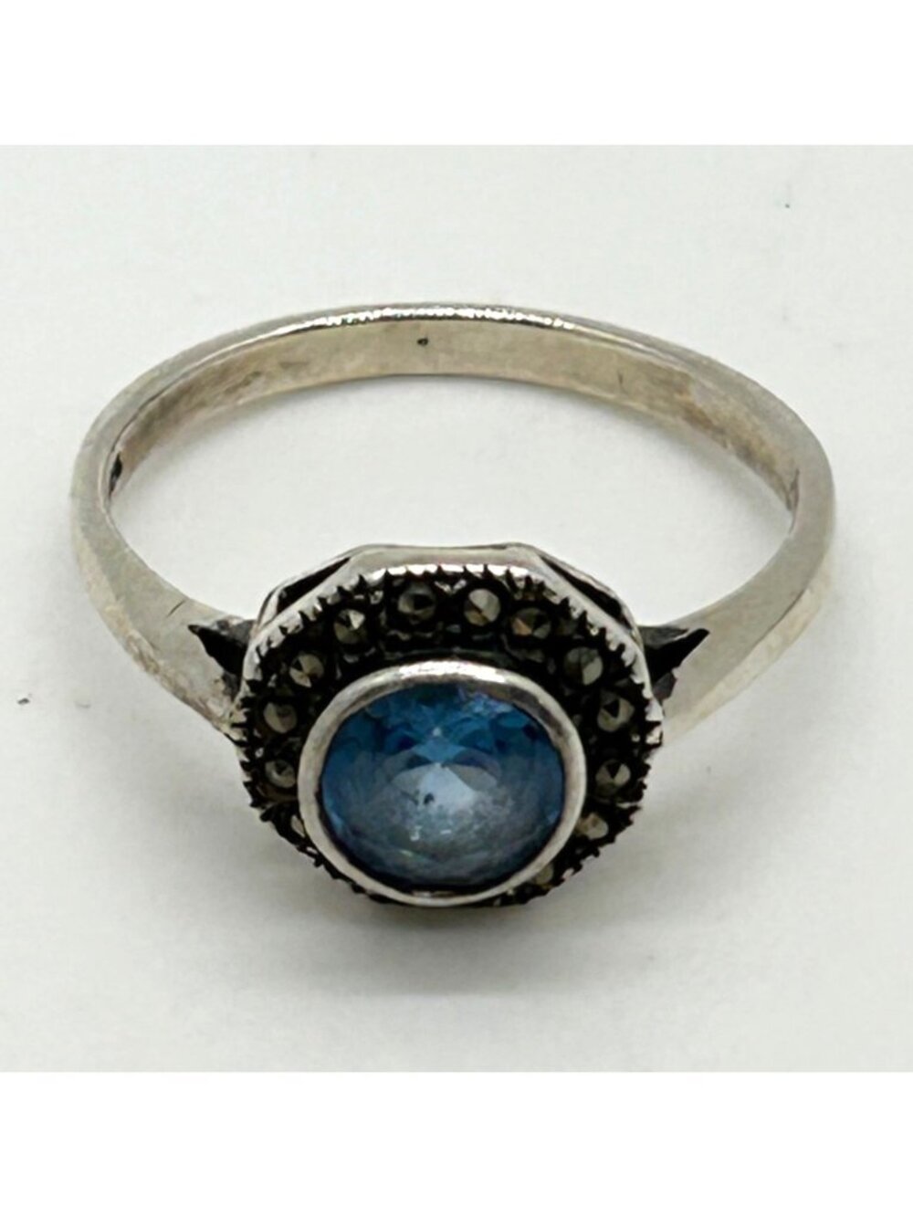 Vintage 925 Sterling Silver Blue Stone & Marcasite Halo Ring Size 6 - Picture 7 of 15
